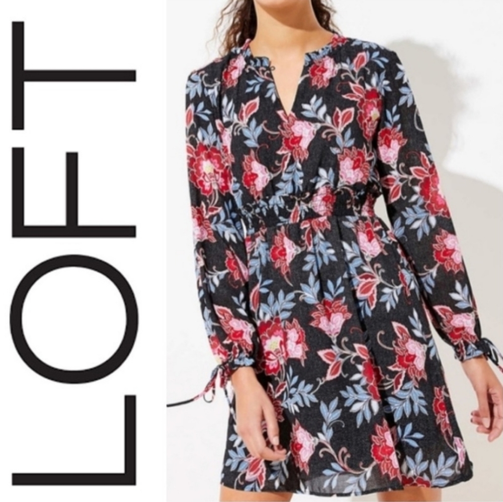 LOFT PAISLEY  SMOCKED FLARE DRESS/ 14.